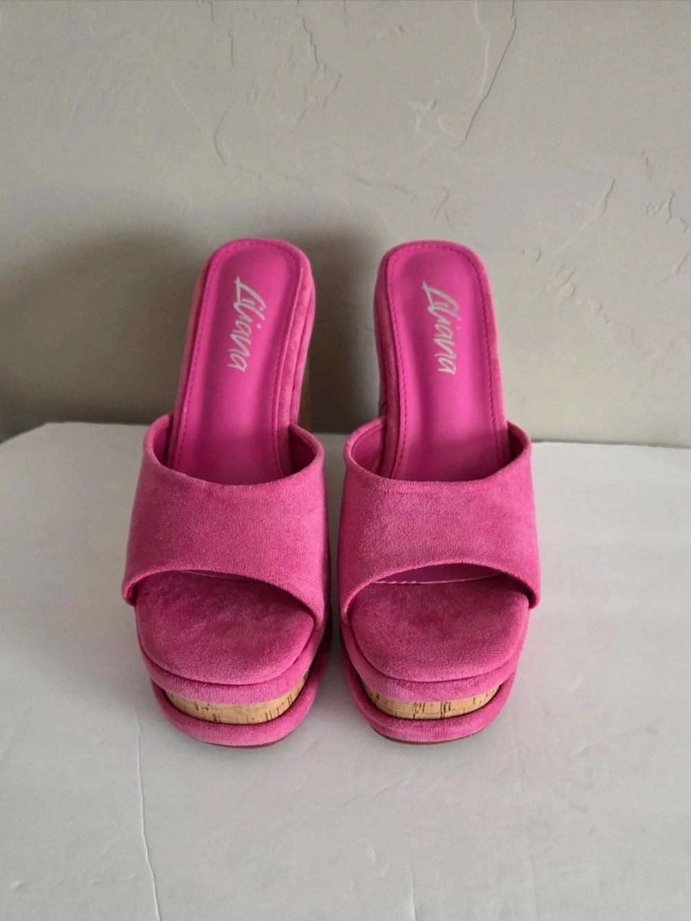 Liliana Pink Madeline Cork Wedge Platform Mules 8